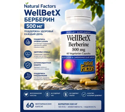 Natural Factors, WellBetX, берберин, 500 мг, 60 вегетарианских капсул