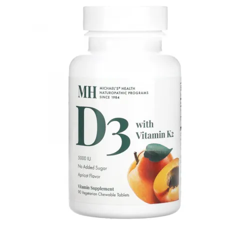 Michael's Health, витамин D3, с витамином K2, вкус абрикоса, 5000 мкг, 90 вегетарианских жевательных