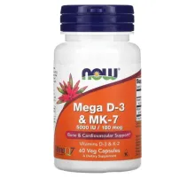 Now Foods, Mega D-3 и MK-7, 5000 МЕ / 180 мкг, 60 вегетарианских капсул