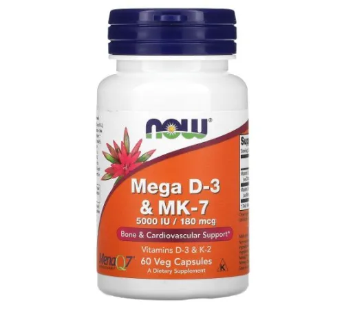 Now Foods, Mega D-3 и MK-7, 5000 МЕ / 180 мкг, 60 вегетарианских капсул